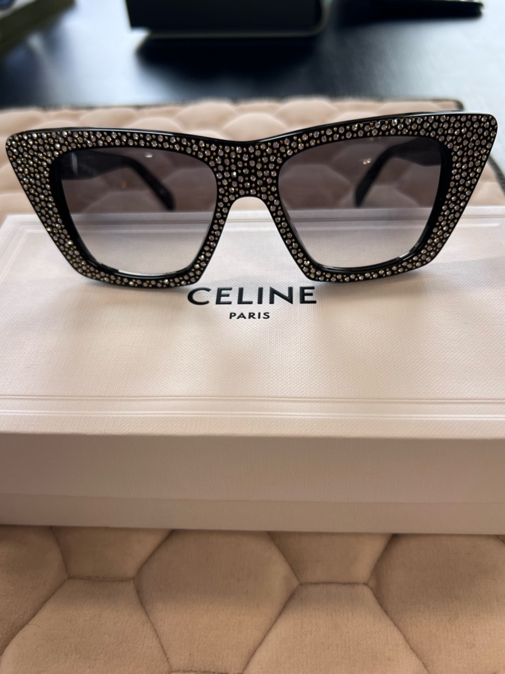 Authentic Celine Black Crystal-Studded Cat-Eye Sunglasses